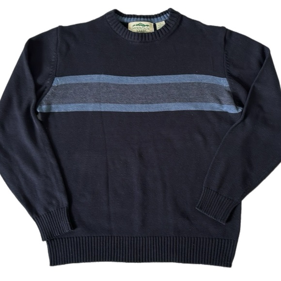 Retro Mountain Lake Chest Stripe Cotton Crewneck Navy Sweater - Picture 2 of 7